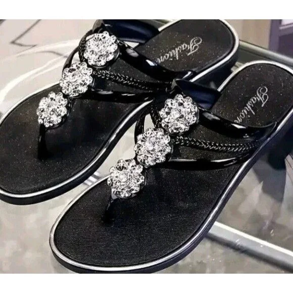 Women's (Bling!)-(Rhinestone)-(Flower)-(Flip Flops)-(Black)-(Size:9.5)-(New)-$30 - Picture 4 of 7